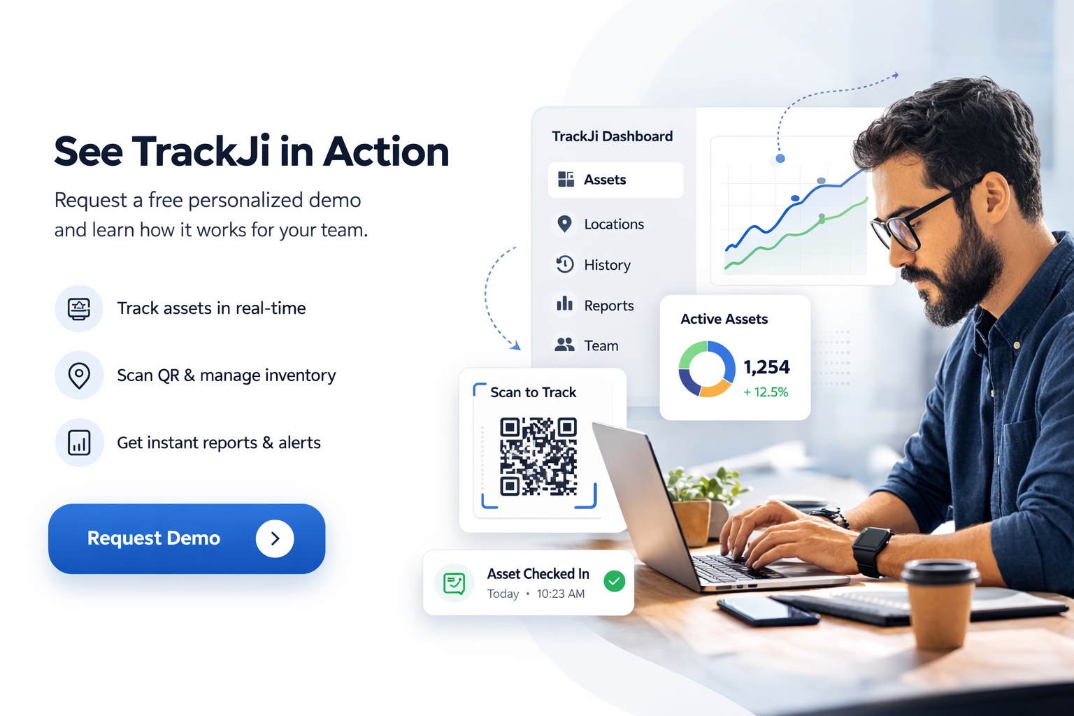 Request demo visual showing TrackJi workflow planning for industrial QR asset tracking and lifecycle traceability