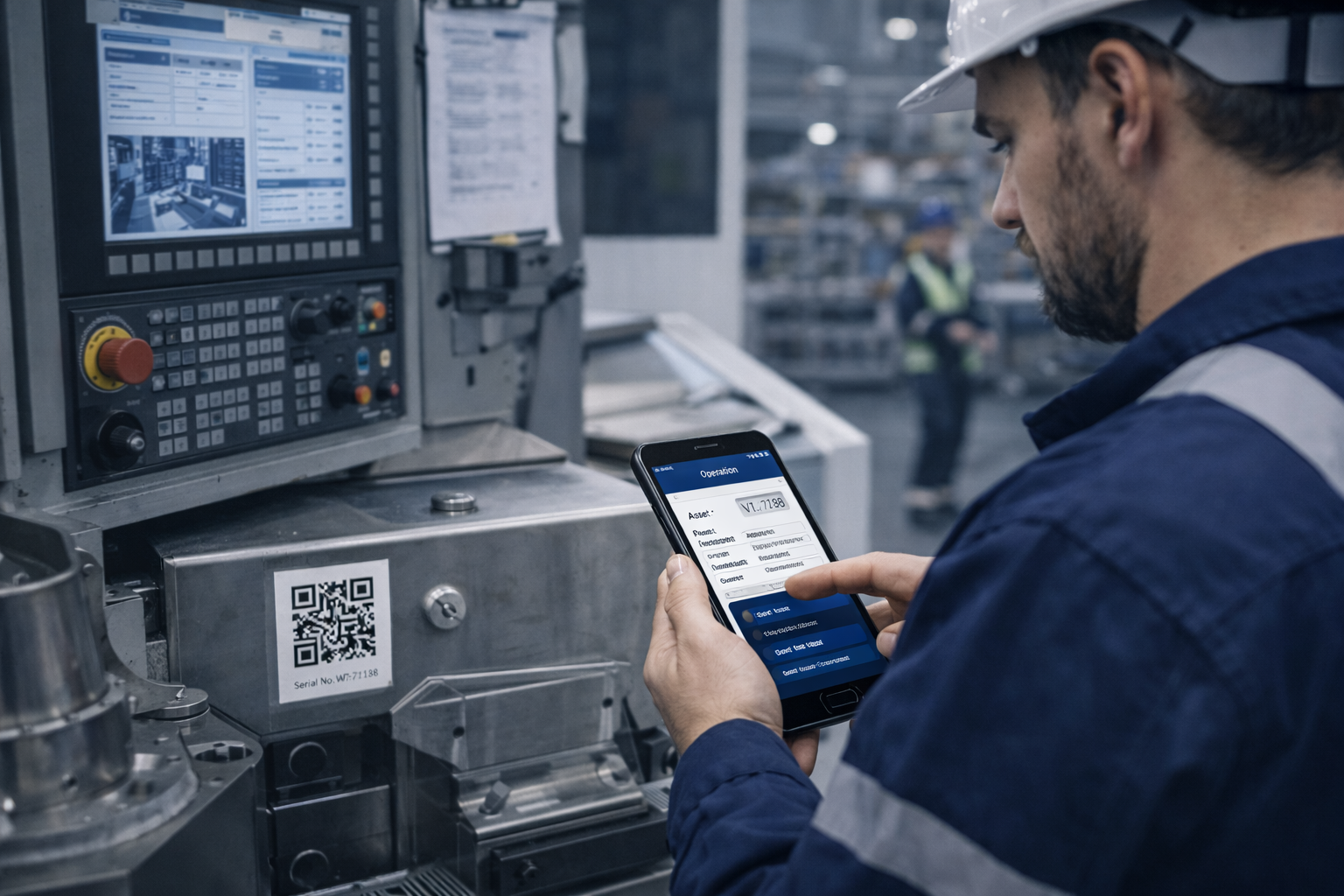 Factory operator using mobile scanning to track manufacturing equipment