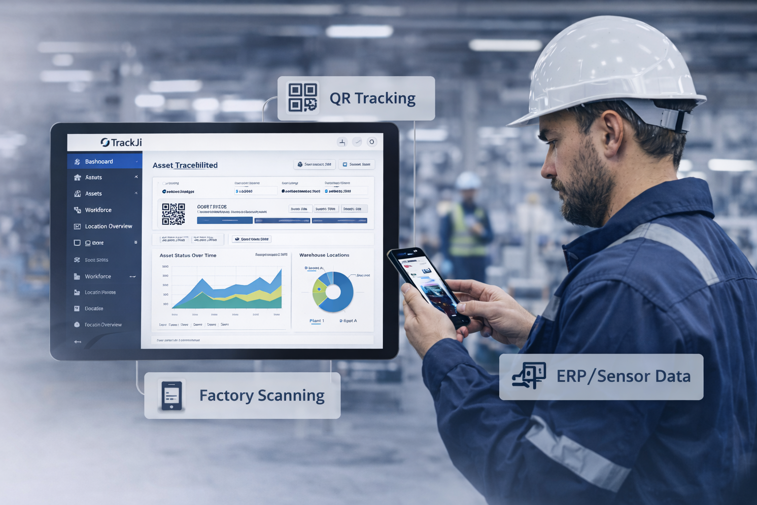 Industrial worker using mobile phone to scan QR code for asset tracking in a factory