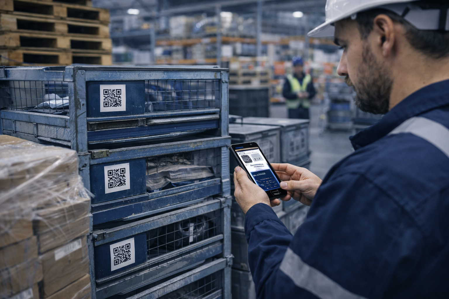 Warehouse worker scanning returnable industrial containers with mobile tracking