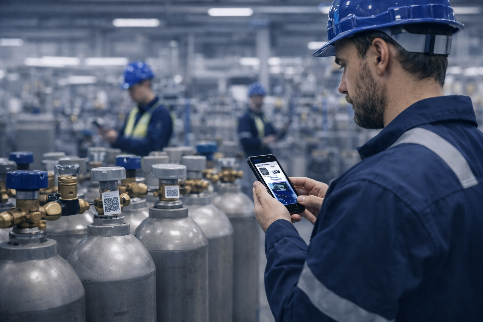 Worker scanning industrial gas cylinders with QR asset tracking system