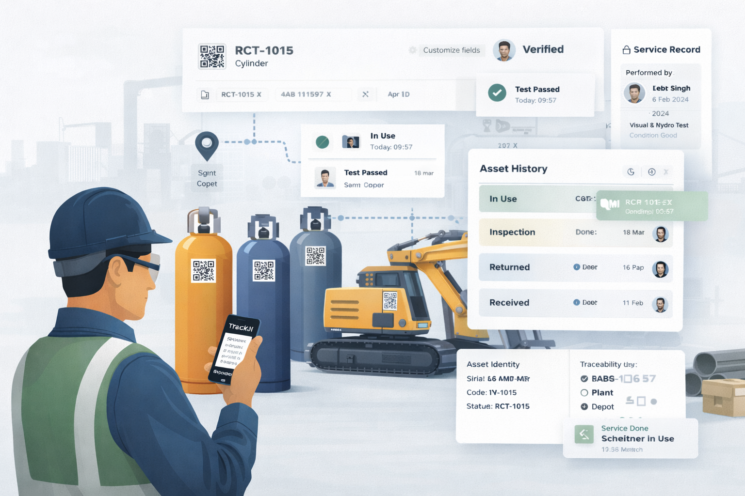 Asset traceability system visual showing lifecycle history, verification, and audit trail records