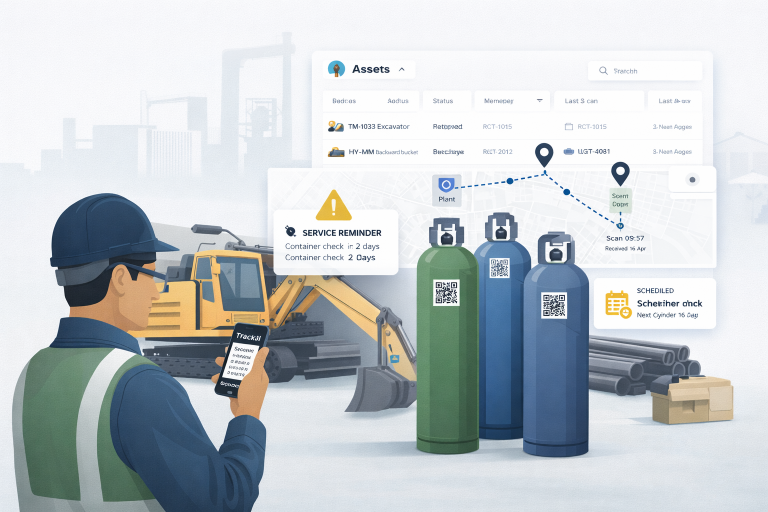 Industrial asset tracking software visual showing equipment, cylinders, and asset movement workflows