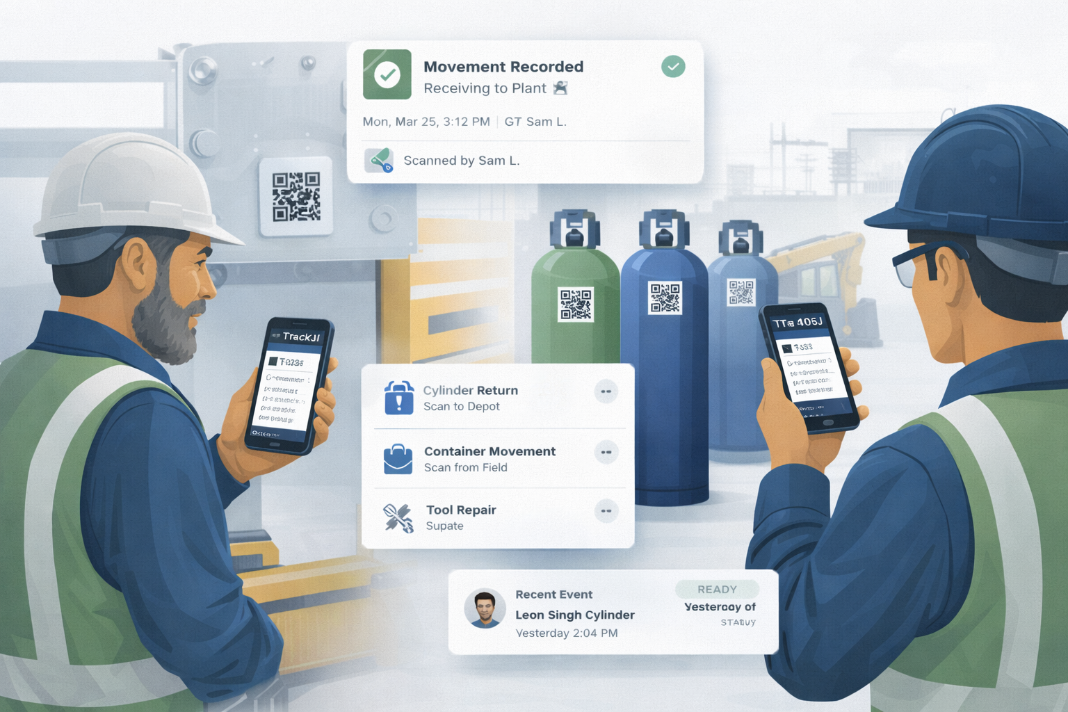 Mobile asset tracking app visual showing workers scanning and updating industrial assets on a phone