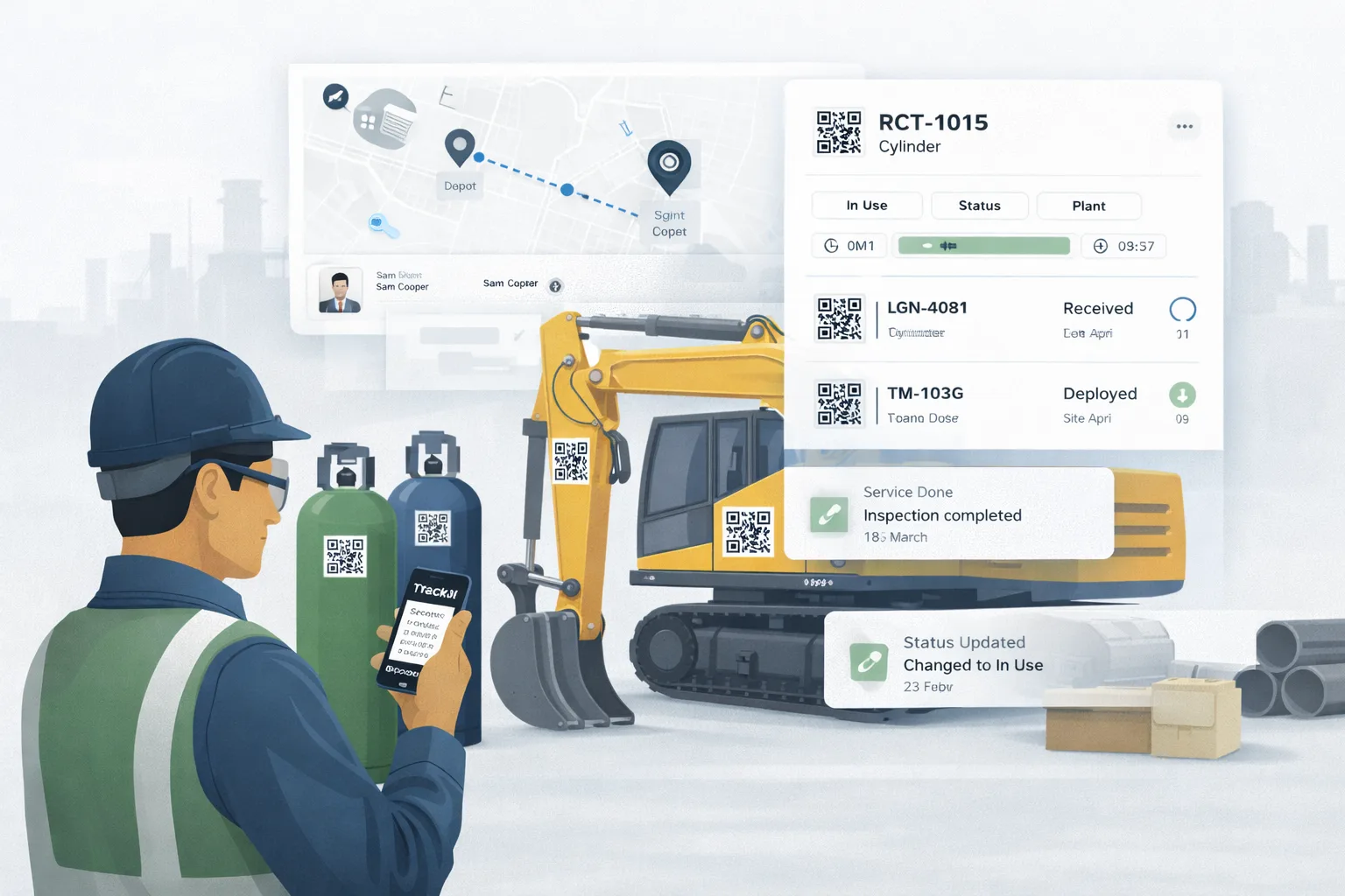 QR asset tracking software dashboard showing QR-tagged industrial assets, scan events, movement updates, and lifecycle traceability