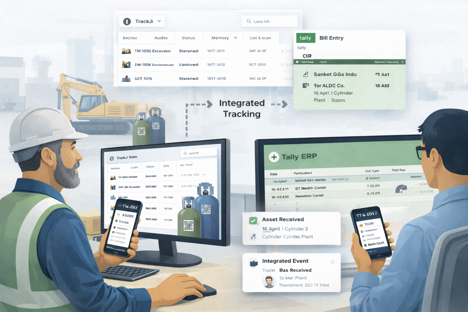Tally asset tracking integration visual showing industrial asset workflows beside Tally-based operations
